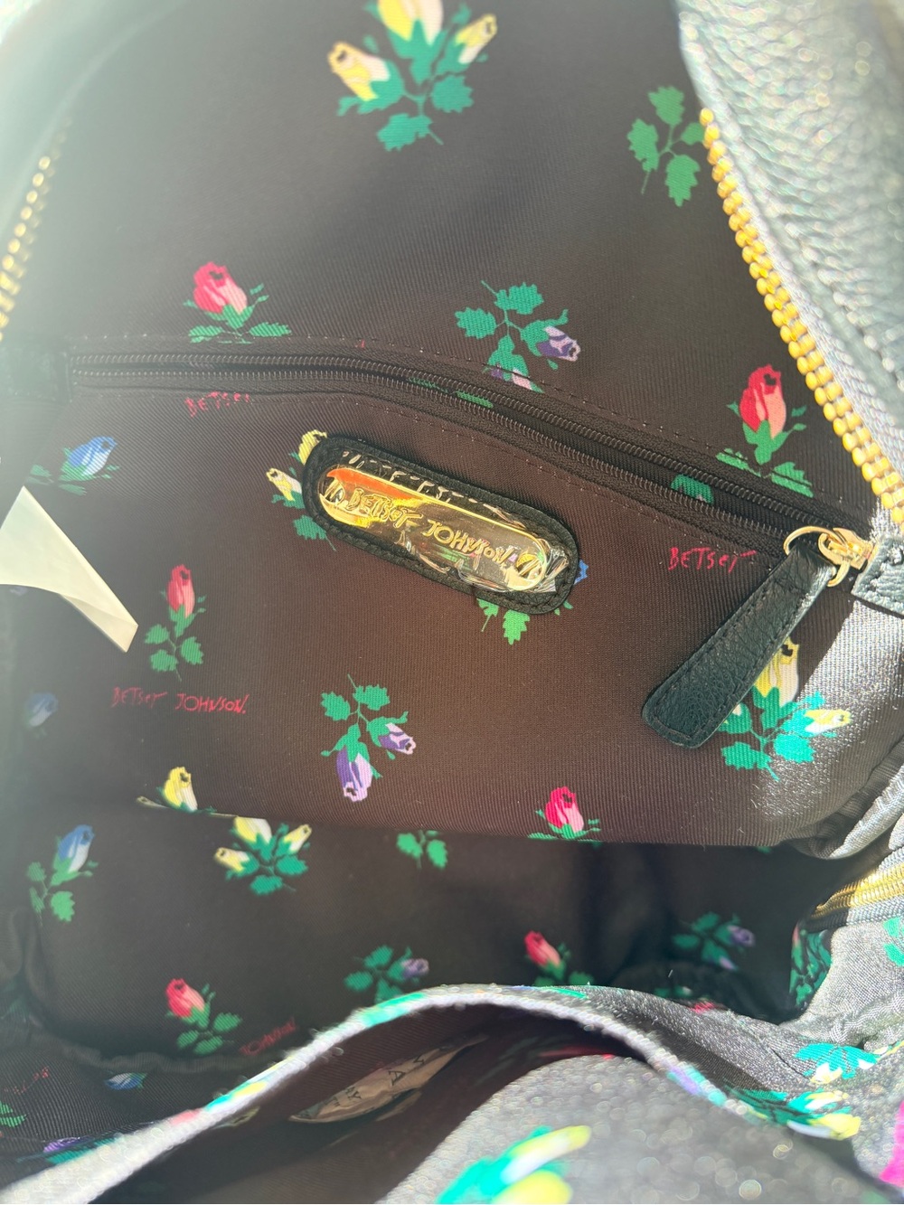 Betsey Johnson Black Mini Backpack with Pink, Magenta & Cream Floral Appliqués - Picture 3 of 3